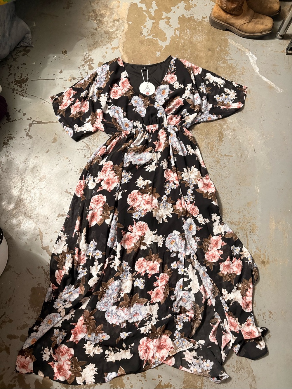 Black Floral Maxi Dress with Pink & White Blooms